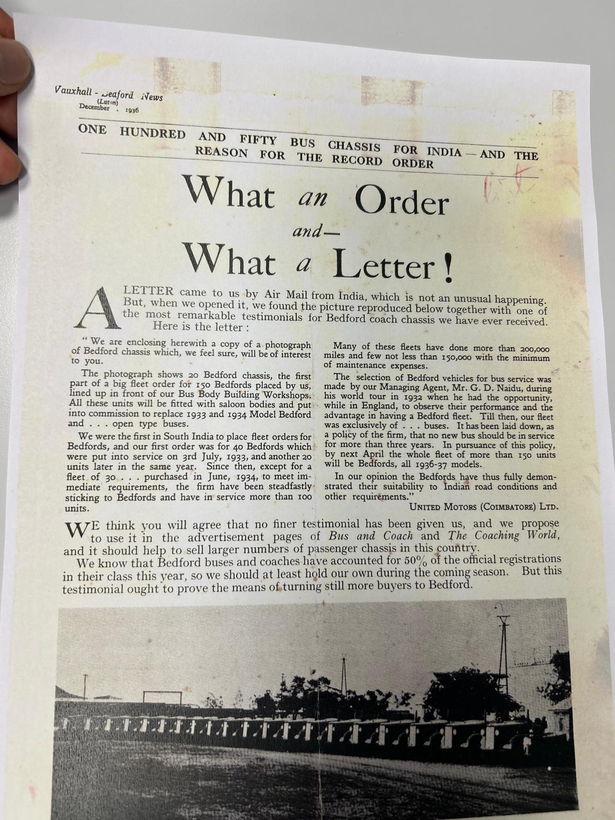 Vauxhall-Bedford News, December 1936 — 'What an Order and What a Letter!' testimonial to Mr. G.D. Naidu's Bedford bus fleet in Coimbatore