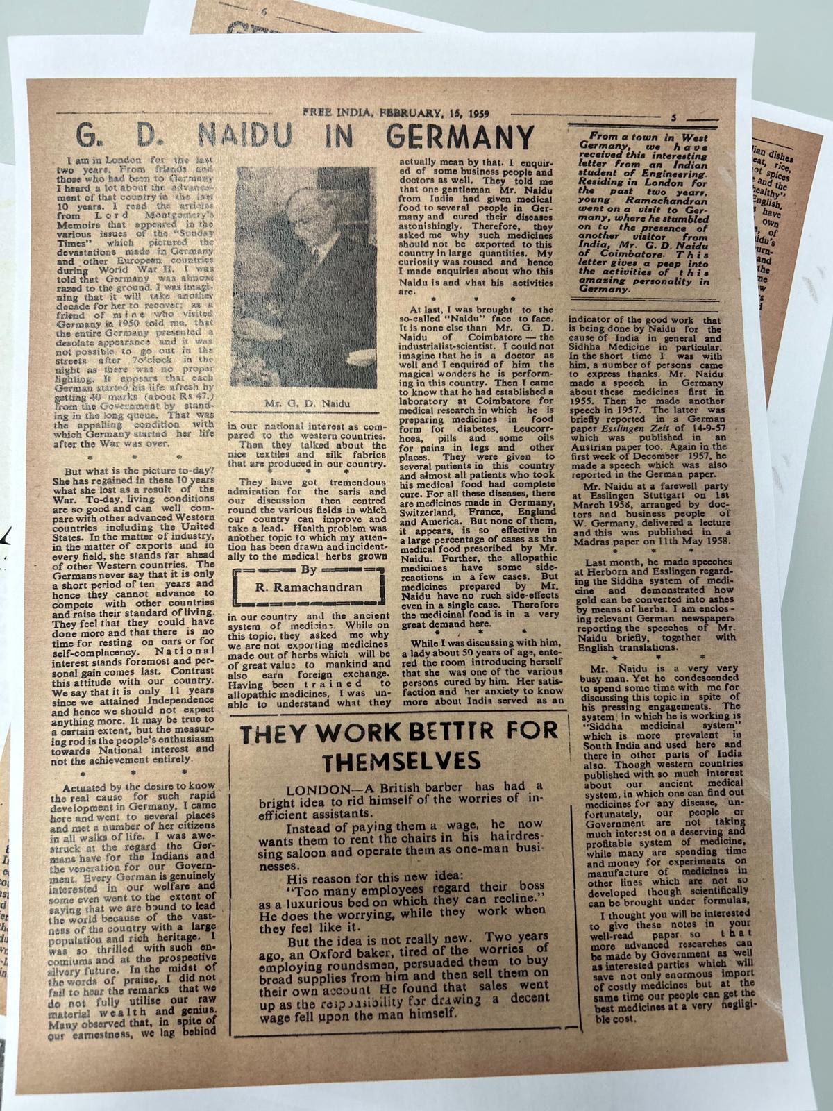 Free India, February 15 1959 — 'G.D. Naidu in Germany' feature article by R. Ramachandran