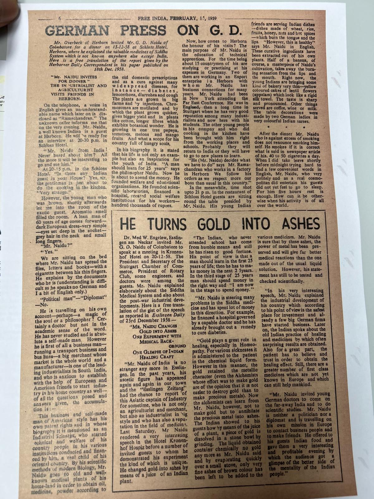 Free India, February 15 1959 — 'German Press on G.D.' feature covering Naidu's reception in Herborn and Esslingen